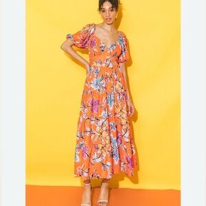 Flying Tomato Small Only Lovers Left Alive Orange Floral Midi Sweetheart Dress